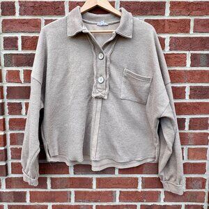 Blu Pepper Collared Raw Edge Knit Top Large Light Khaki Big Buttons Relaxed